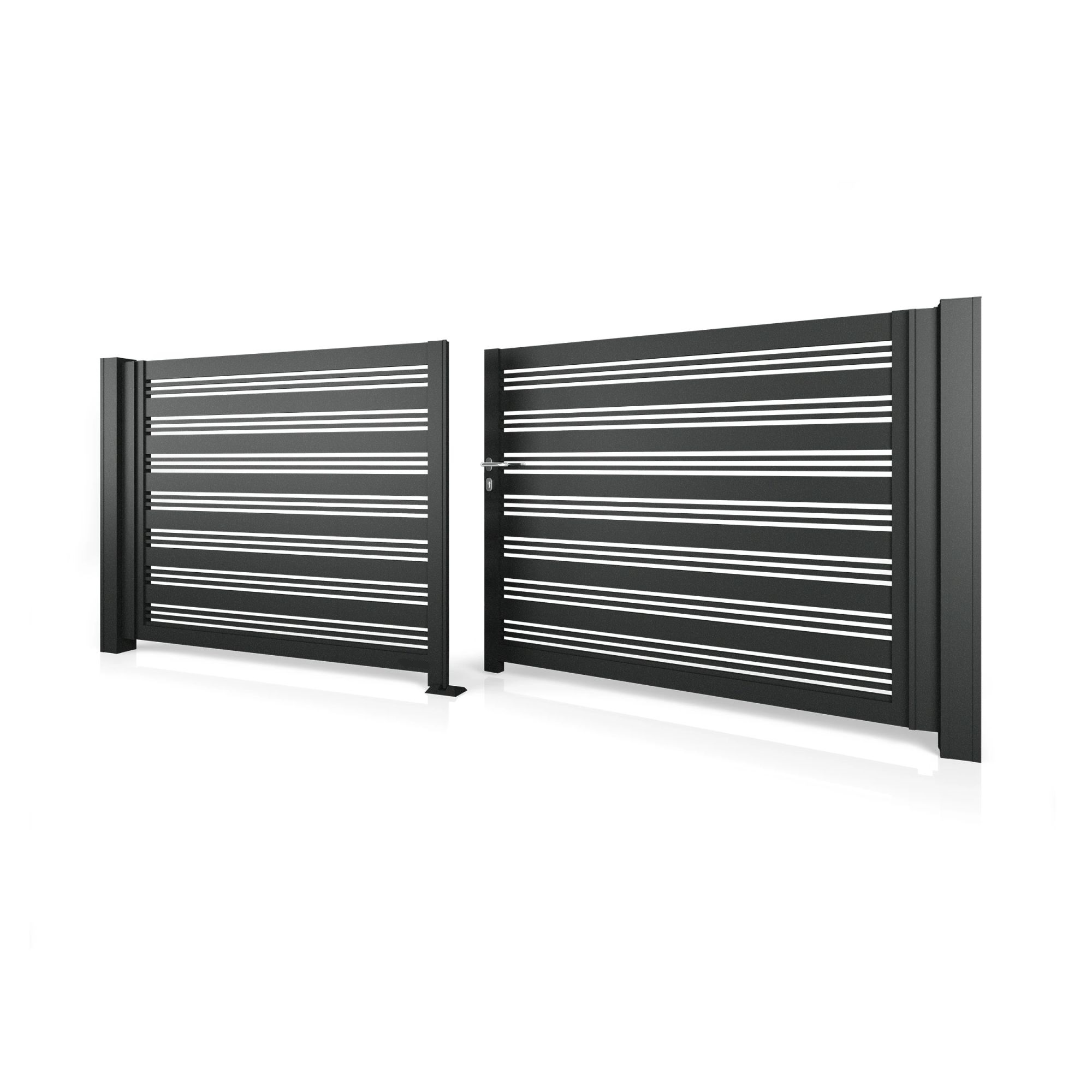 Dvoukřídlá brána HN 03, hliníková, výplň profily 100 + 18 mm, na míru (šířka 2400 - 6000 mm, výška 1000 - 2000