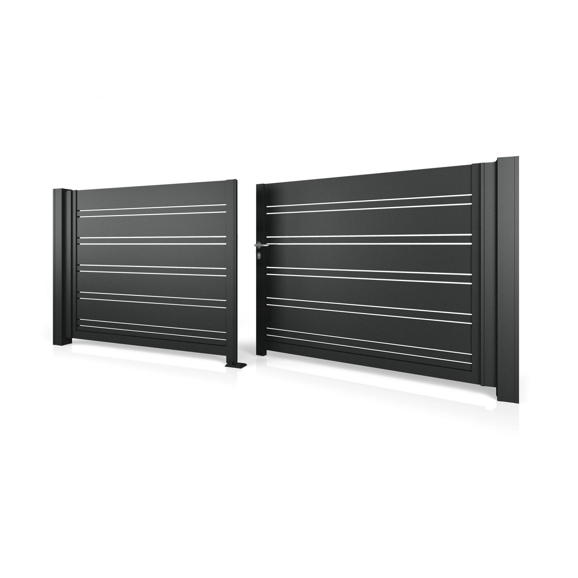 Dvoukřídlá brána HN 05, hliníková, na míru (šířka 2400 - 6000 mm, výška 1000 - 2000 mm), černá struktura RAL 9